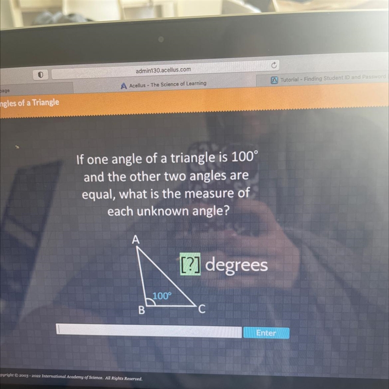 If one angle of a triangle is 100 and the other two are what is the measure of each-example-1