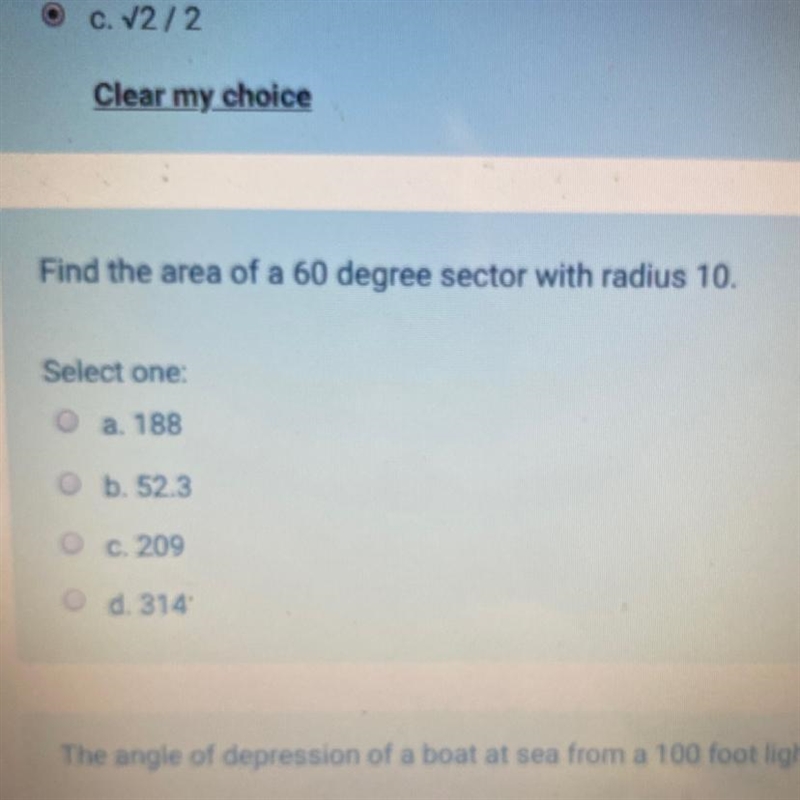 Find the area of a 60 degree sector with radius 10-example-1