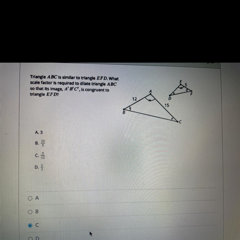 Triangle ABC is similar to triangle EFD. Whatscale factor is required to dllate triangle-example-1