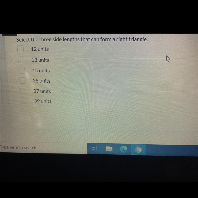 Selected three sides length that can form a right triangle-example-1