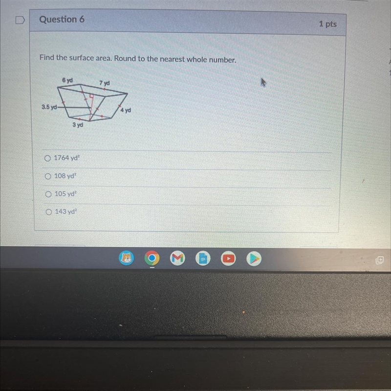 Find the surface area. Round to the nearest whole number.3.5 yd-6 yd3 yd7 yd4 yd-example-1
