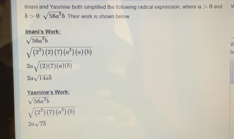 Imani and Yasmine both simplified the following radical expression, which student-example-1