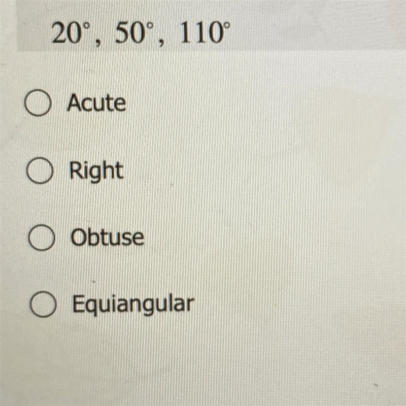 Classify the triangle with the following angle measure: 20^, 50^, 110^-example-1