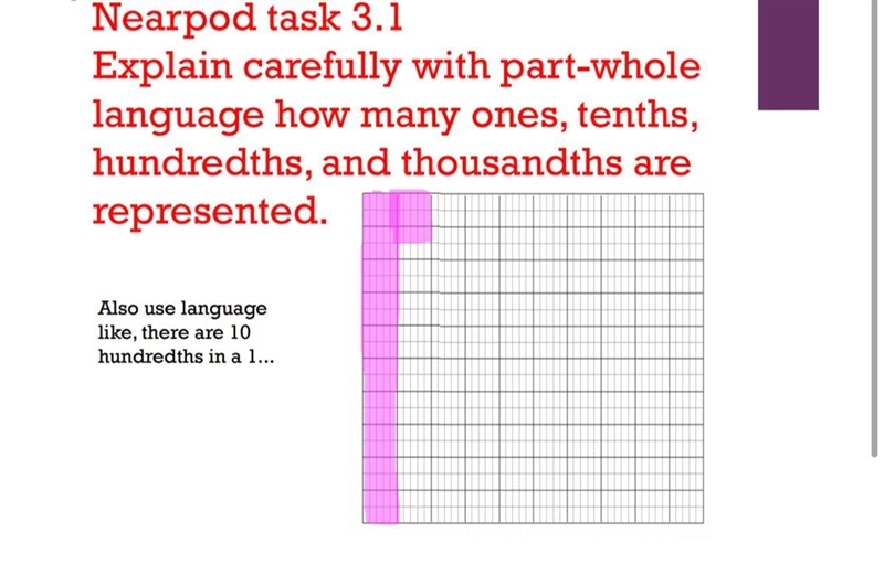 Explain carefully with part-whole language how many ones, tenths, hundredths and thousandths-example-1