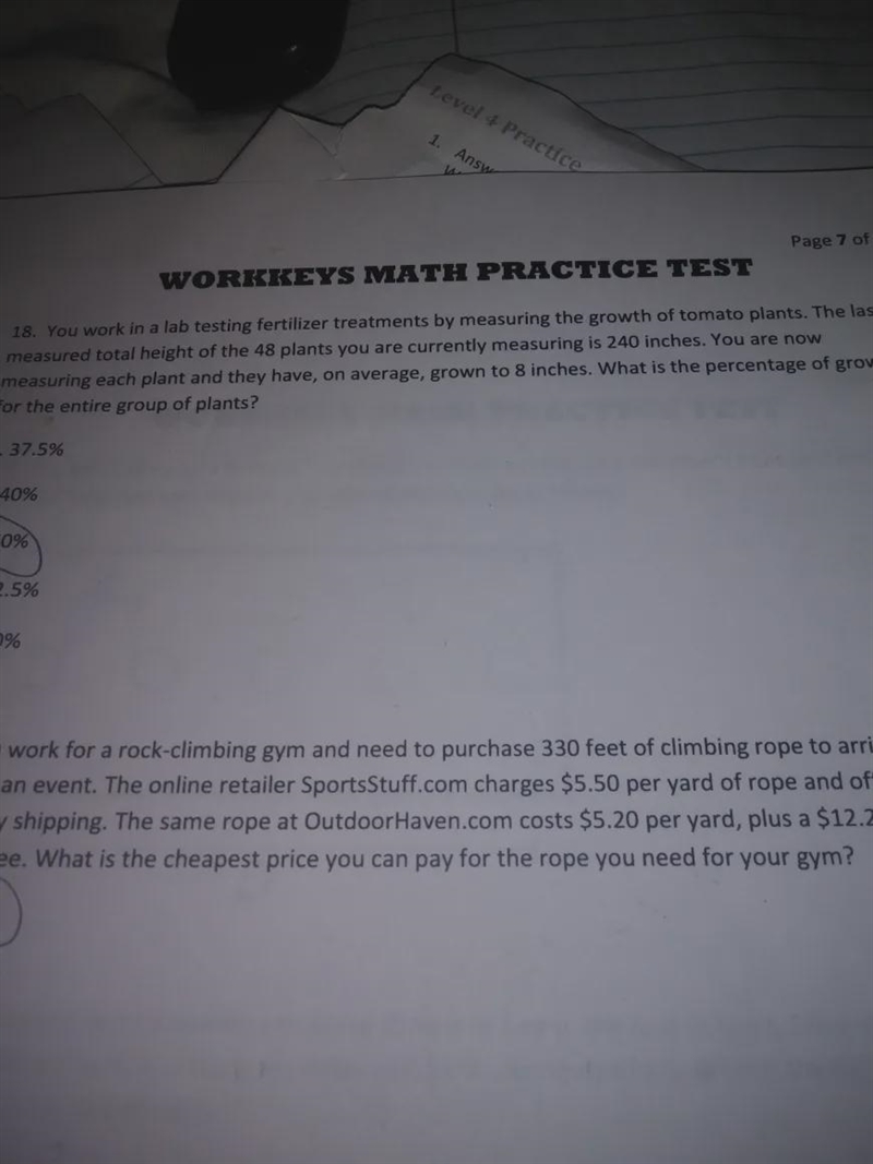 Page 7 WORKKEYS MATH PRACTICE TEST 18. You work in a lab testing fertilizer treatments-example-1