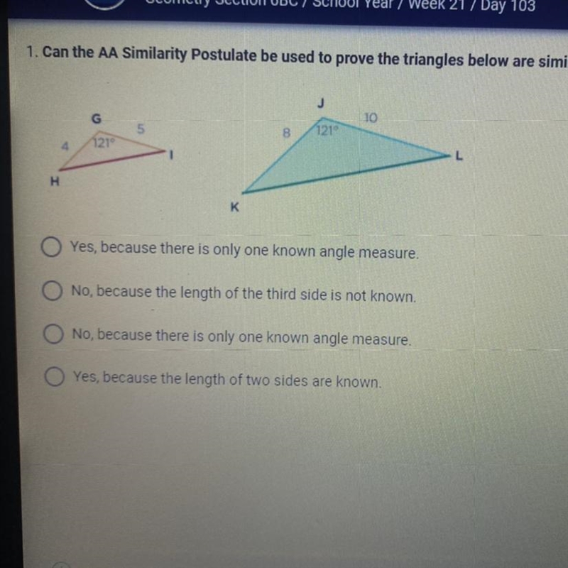 Can the A Similarity Postulate be used to prove the triangles below are similar?-example-1