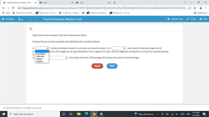 Choose the terms that complete the definitions for transformations.A is when an object-example-3