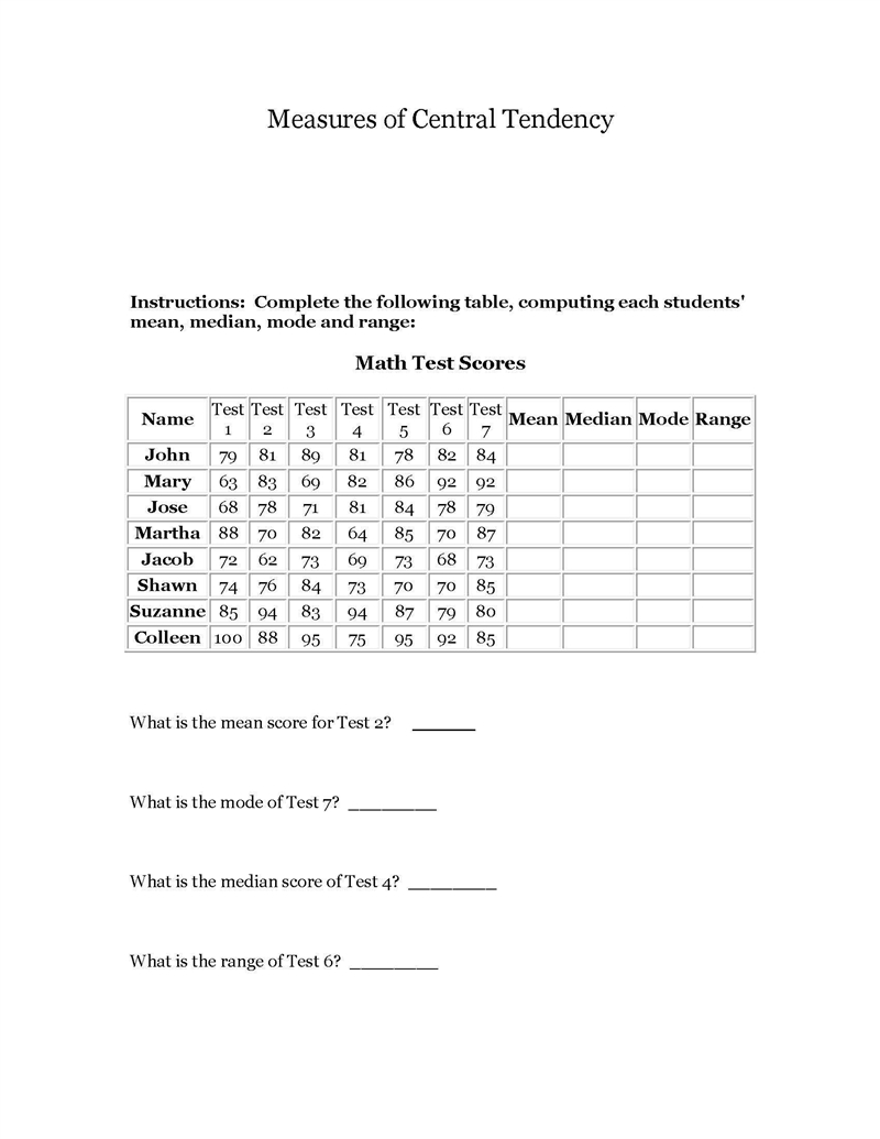 Instructions: Complete the following table, computing each students' mean, median-example-1