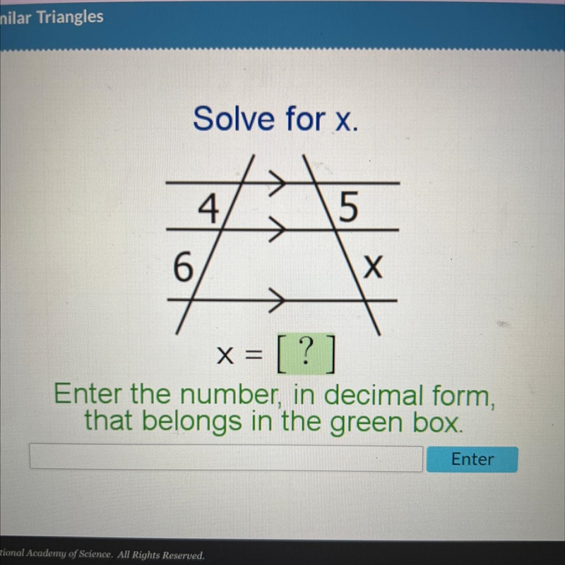 Solve for x. enter the number, in decimal form, that belongs in the green box.-example-1