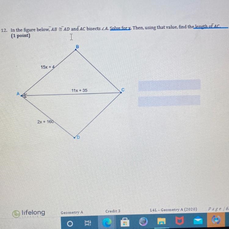 In the figure below, AB AD andAC bisects A. Solve for x. Then, using that value, find-example-1