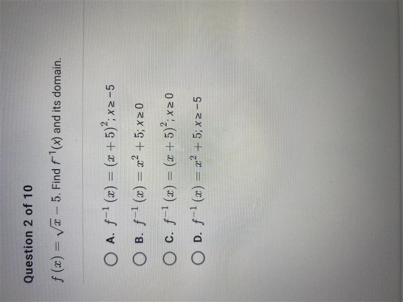 Inverse Functions. Please Help! Give answer options and brief explanation please. thanks-example-1