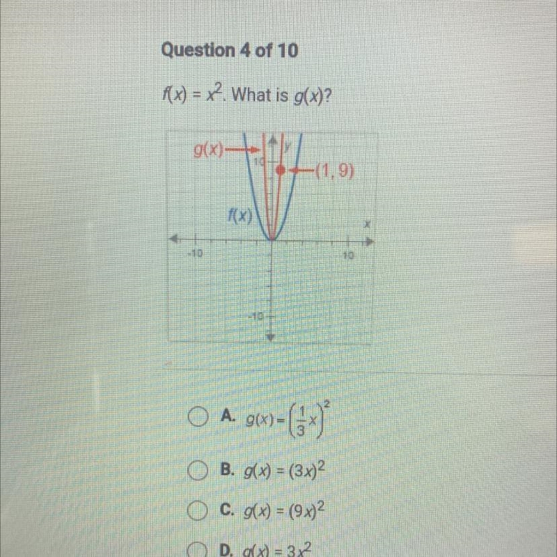 F(x) = x2. What is g(x)?g(x)-(1,9)-1010-10A. g(x)B. g(x) = (3x)2C. g(x) = (9x)2D. g-example-1