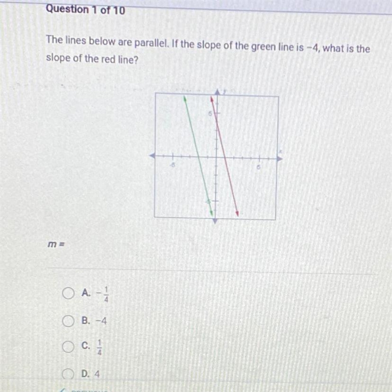 The lines below are parallel. If the slope of the green line is -4, what is theslope-example-1