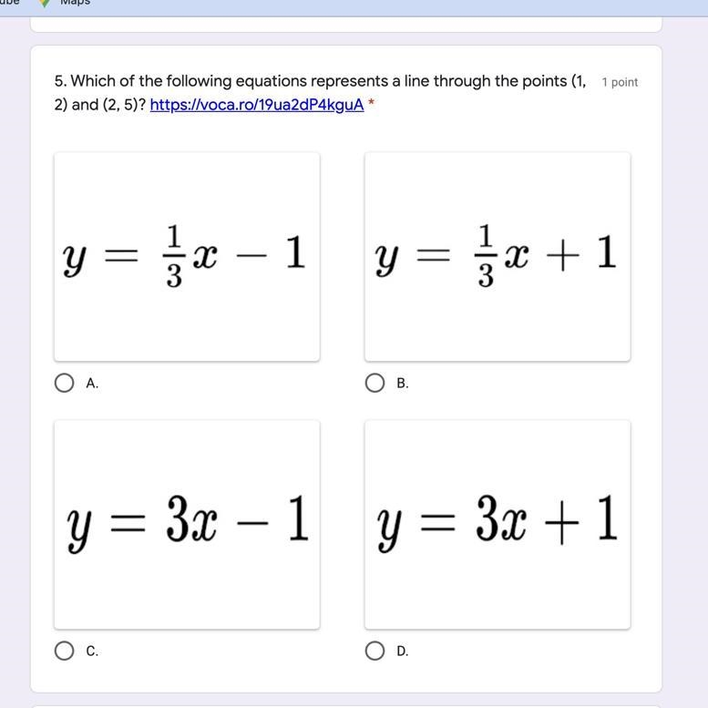 Which of the following equation represents a line through the points?-example-1