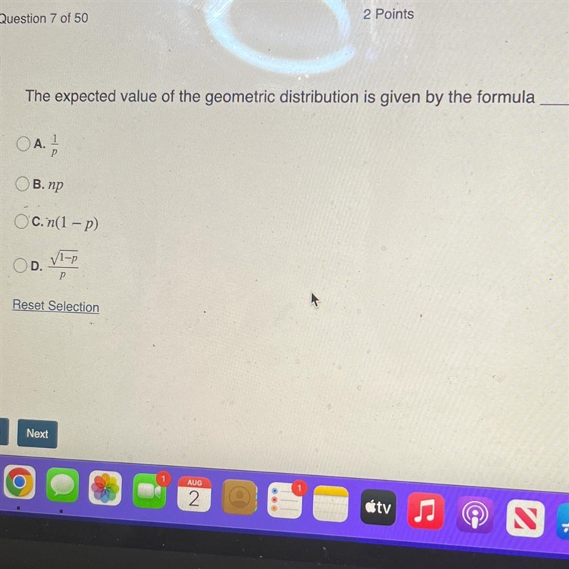 The expected value of the geometric distribution is given by the formula ____.-example-1