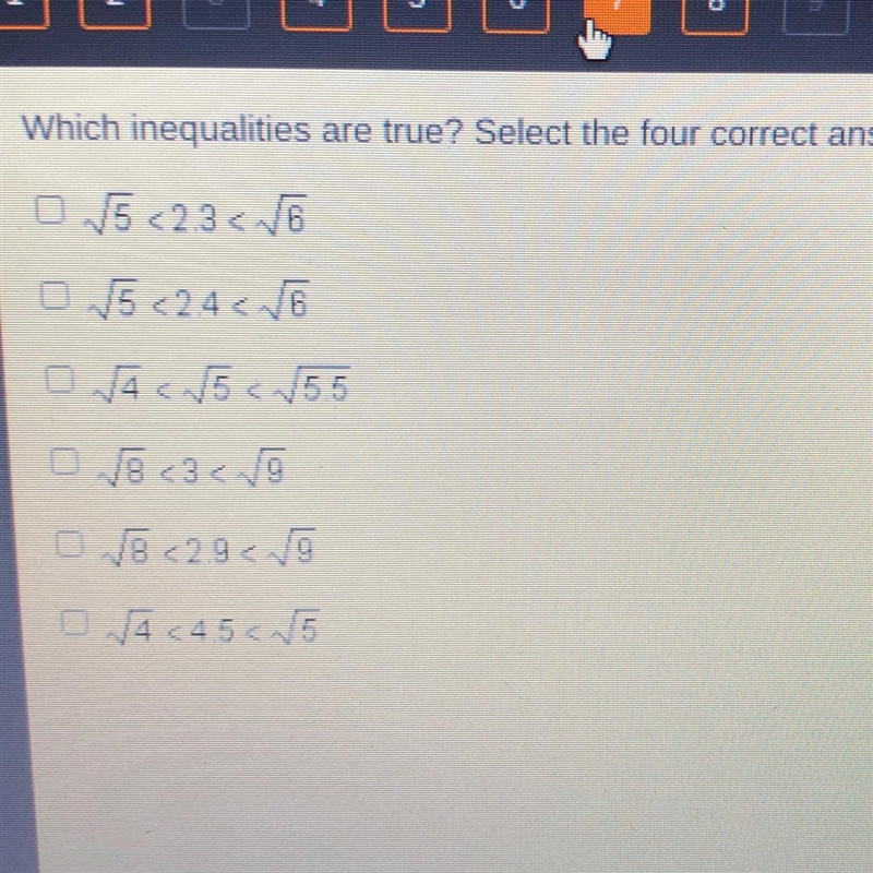 10 Which inequalities are true? Select the four correct answers. O V5 <2.3 0 V-example-1