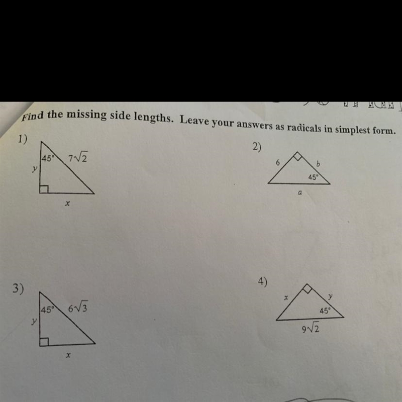 Find the missing side lengths. Leave your answers as radicals in simplest form. 1) 2) 1459 712 b-example-1