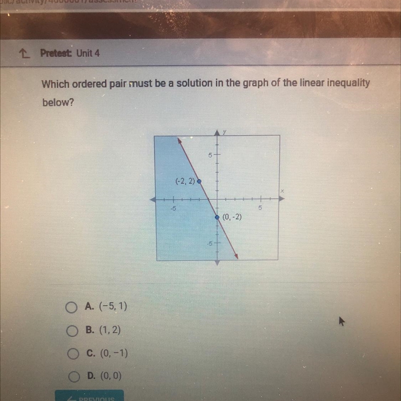 Which ordered pair must be a solution in the graph of the linear inequalitybelow?(-2,2)(0, -2)-example-1