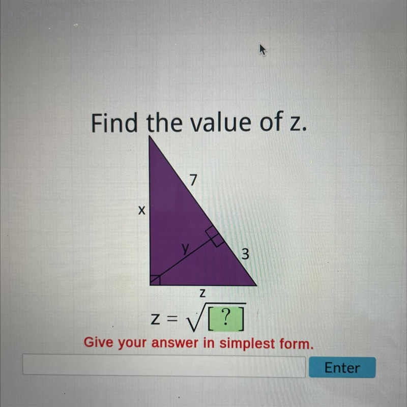 Find the value of z. X 7 Y 3 Z Z = √[?]-example-1