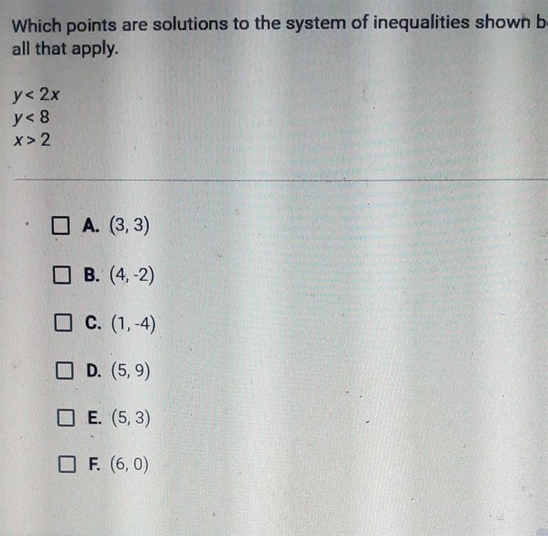 Which points are solutions to the system of inequalities shown below? Check all that-example-1