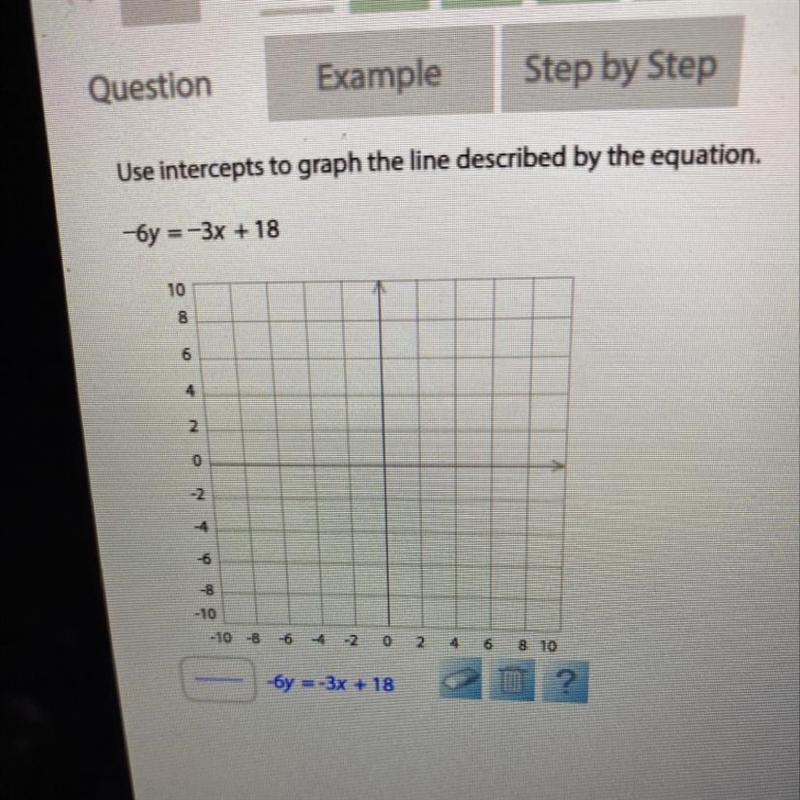 Use intercepts to graph the line described by the equation.-6y =-3x +18-example-1