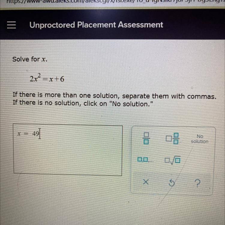 Solve for x. 2x² = x+6 If there is more than one solution, separate them with commas-example-1