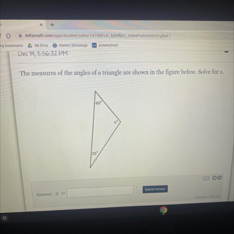 The measures of the angels of a triangle are shown in the figure below. solve for-example-1