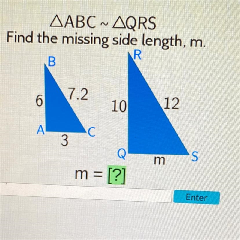 ΔABC ο ΔQRS Find the missing side length, m.-example-1