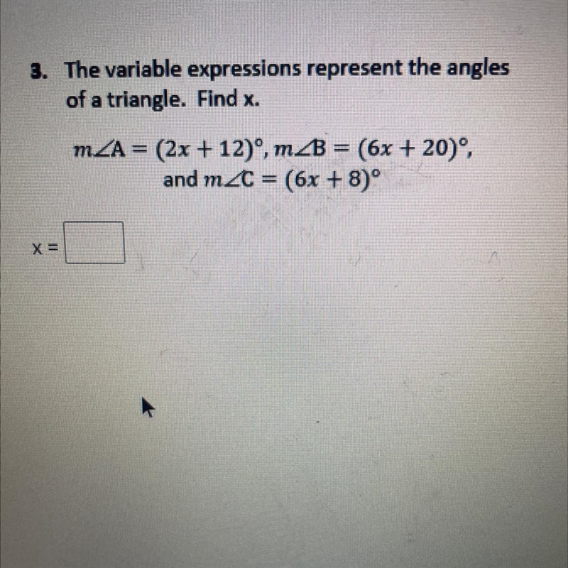 The variable expressions represent the anglesof a triangle. Find x.-example-1