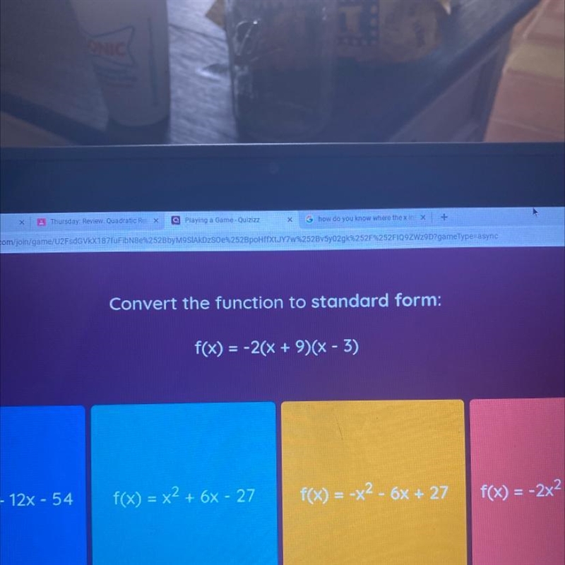 Convert the function to standard form:f(x) = -2(x + 9)(x - 3)-example-1