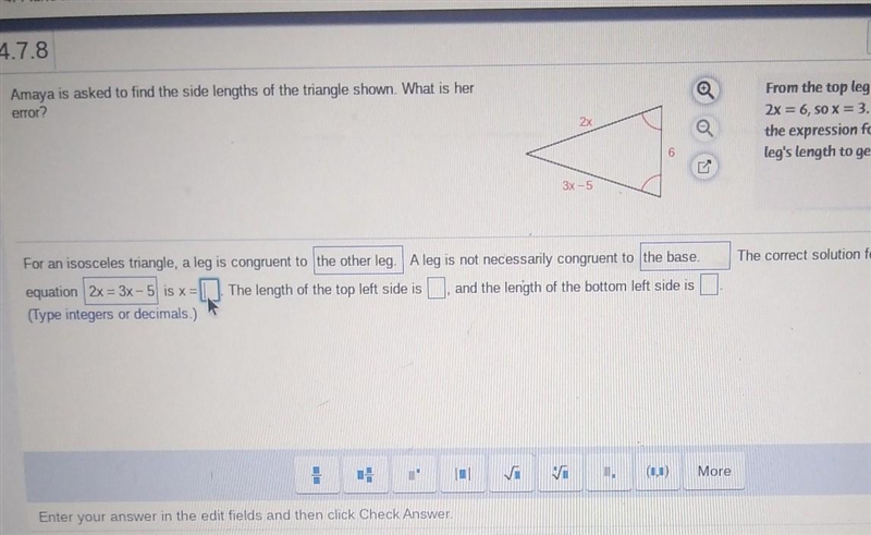 4.7.8 Question Help Amaya is asked to find the side lengths of the triangle shown-example-1