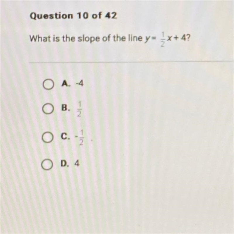 What is the slope of the line y=x+4?A. -4OB.112D C.-//-D. 4-example-1