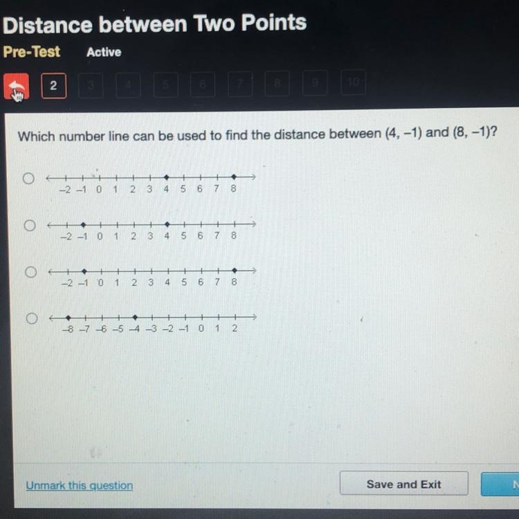 Which number line can be used to find the distance between (4, -1) and (8, -1)?-example-1