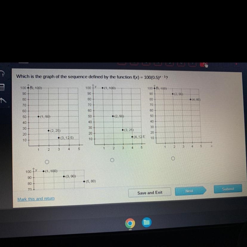 Which is the graph of the sequence defined by the function f(x) = 100(0.5)*-1?100(0,100)100 1x-example-1