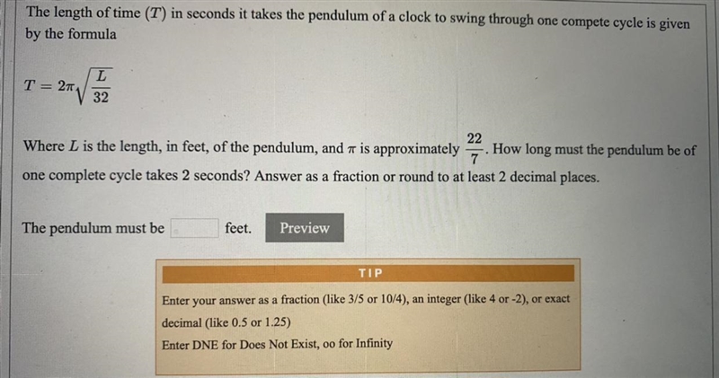 The length of time (T) in seconds it takes the pendulum of a clock to swing through-example-1