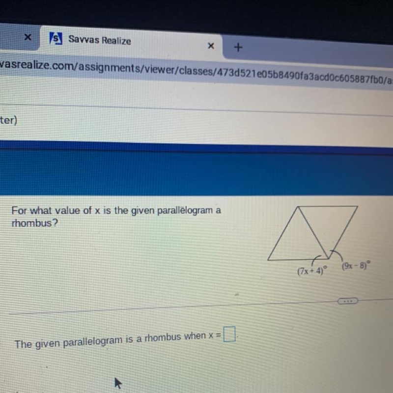 For what value of x is the given parallelogram a rhombus?-example-1