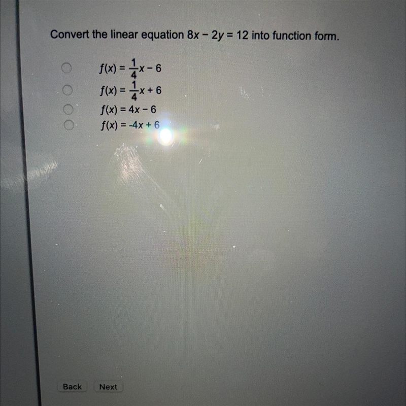 Convert the linear equation 8x-2y=12 into function form.-example-1