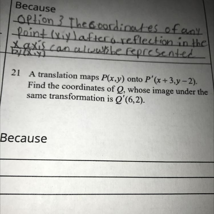 f21 A translation maps P(x,y) onto P'(x+3,y – 2).Find the coordinates of Q, whose-example-1