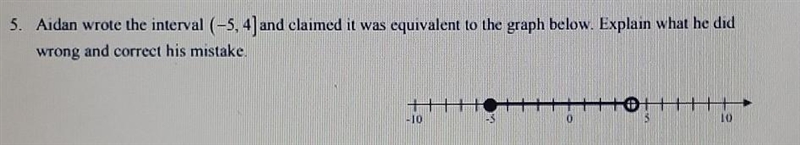 5. Aiden wrote the interval (-5, 4] and claimed it was equivalent to the graph below-example-1