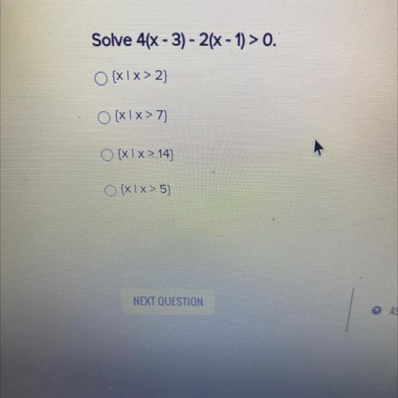 Someone help meee! Solve 4(x-3)-2(x-1)>0-example-1