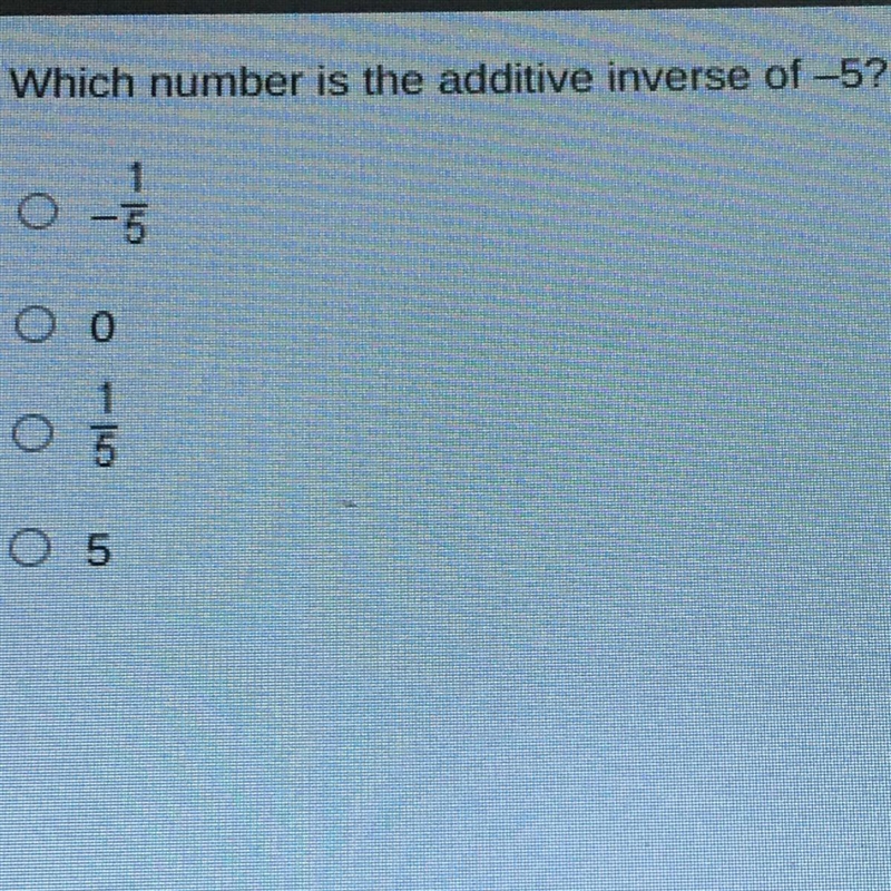 Which number is the additive inverse of -5?It right above alright-example-1