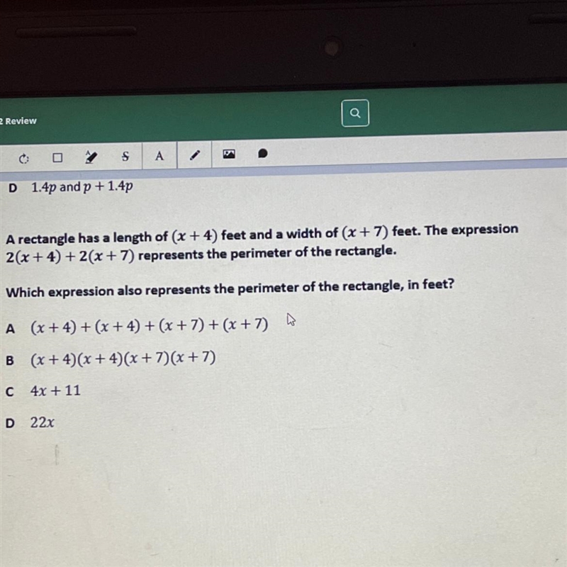 A rectangle has a length of (x + 4) feet and a width of (x + 7) feet. The expression-example-1