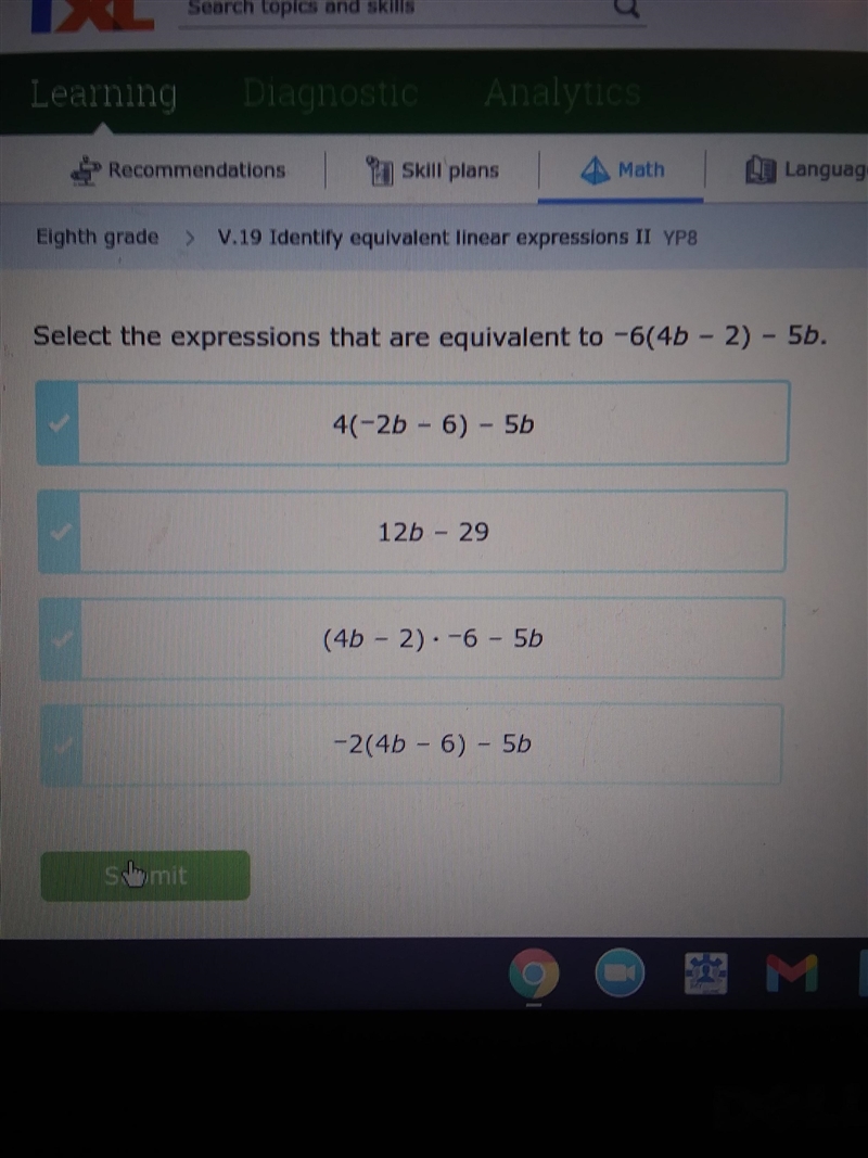 Select the expressions that are equivalent to -6(40 - 2) - 5b. 4(-2b-6) - 5b 12b - 29 (46 - 2) -6 -56 -2(4 - 6) - 5b-example-1