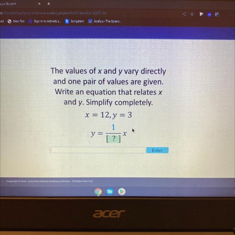 The values of x and y vary directly and one pair of values are given. Write an equation-example-1