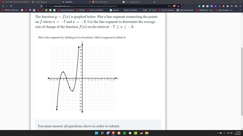 The function y=f(x) is graphed below. Plot a line segment connecting the points on-example-1