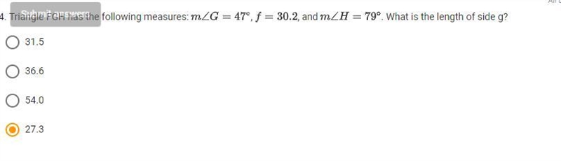 Triangle FGH has the following measures: m∠G=47∘, f=30.2, and m∠H=79∘. What is the-example-1