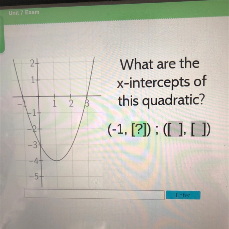 2+1+What are thex-intercepts ofthis quadratic?2 B-2t(-1, [?]); ([ ], [ )-3-44- 5+57-example-1