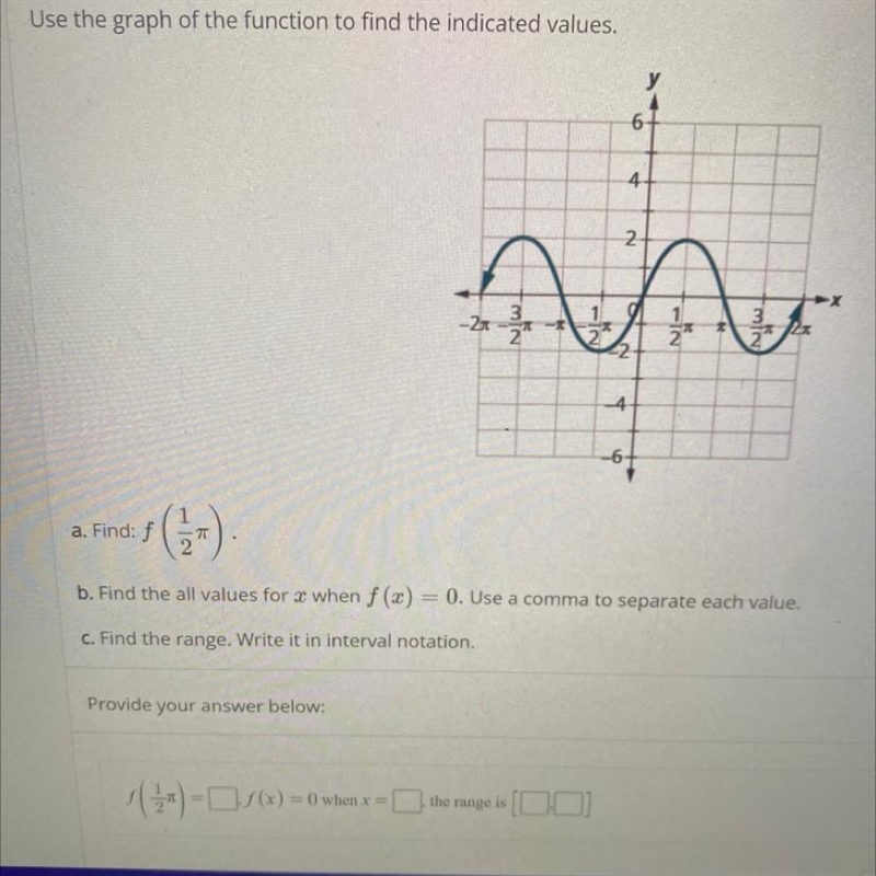 A. Find f(1/2 pie) B. Find the all values x when f(x)=0. Use a comma to separate each-example-1