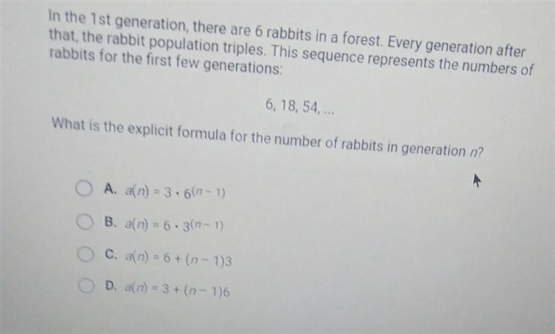 In the 1st generation, there are 6 rabbits in a forest. Every generation after that-example-1