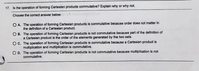 17. Is the operation of forming Cartesian products commutative? Explain why or why-example-1